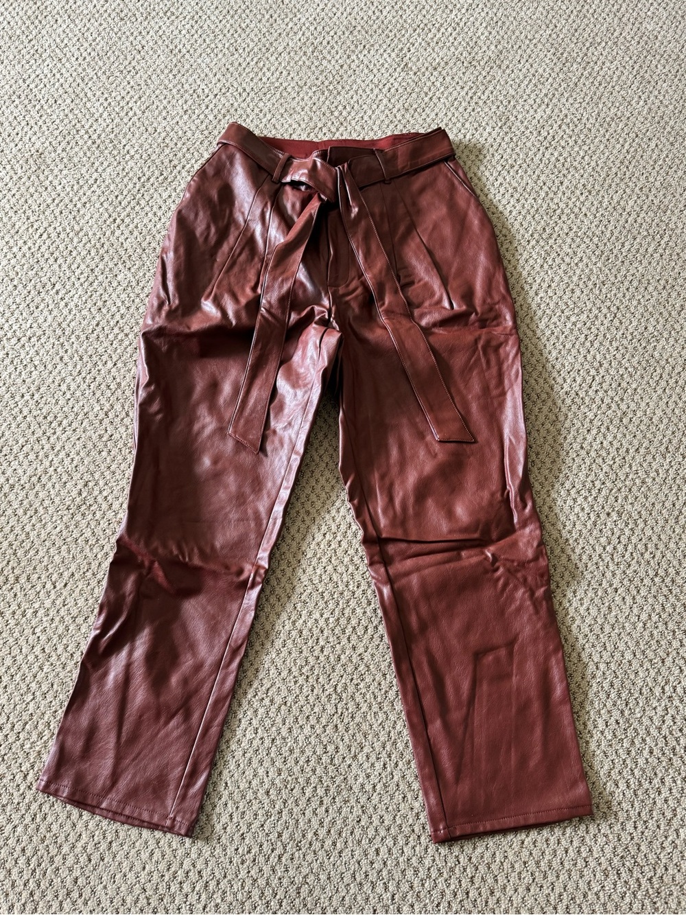 Express Women's Faux Leather Paperbag Waist Trousers - Burgundy